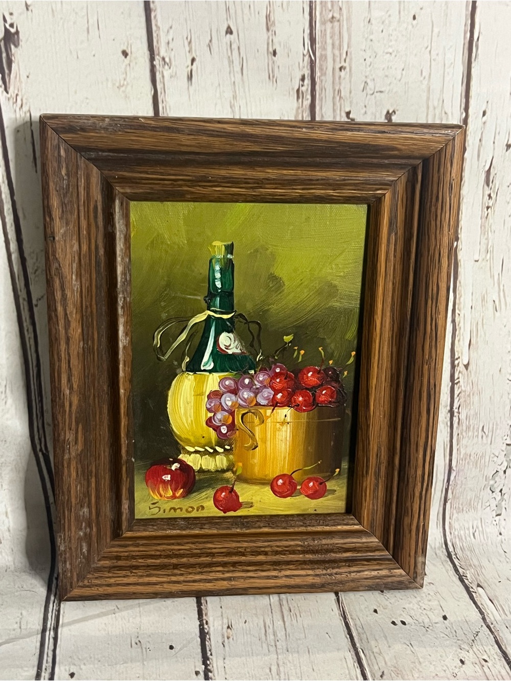 Fruit & Wine On Table Still Life Original Painting Oil Framed Signed